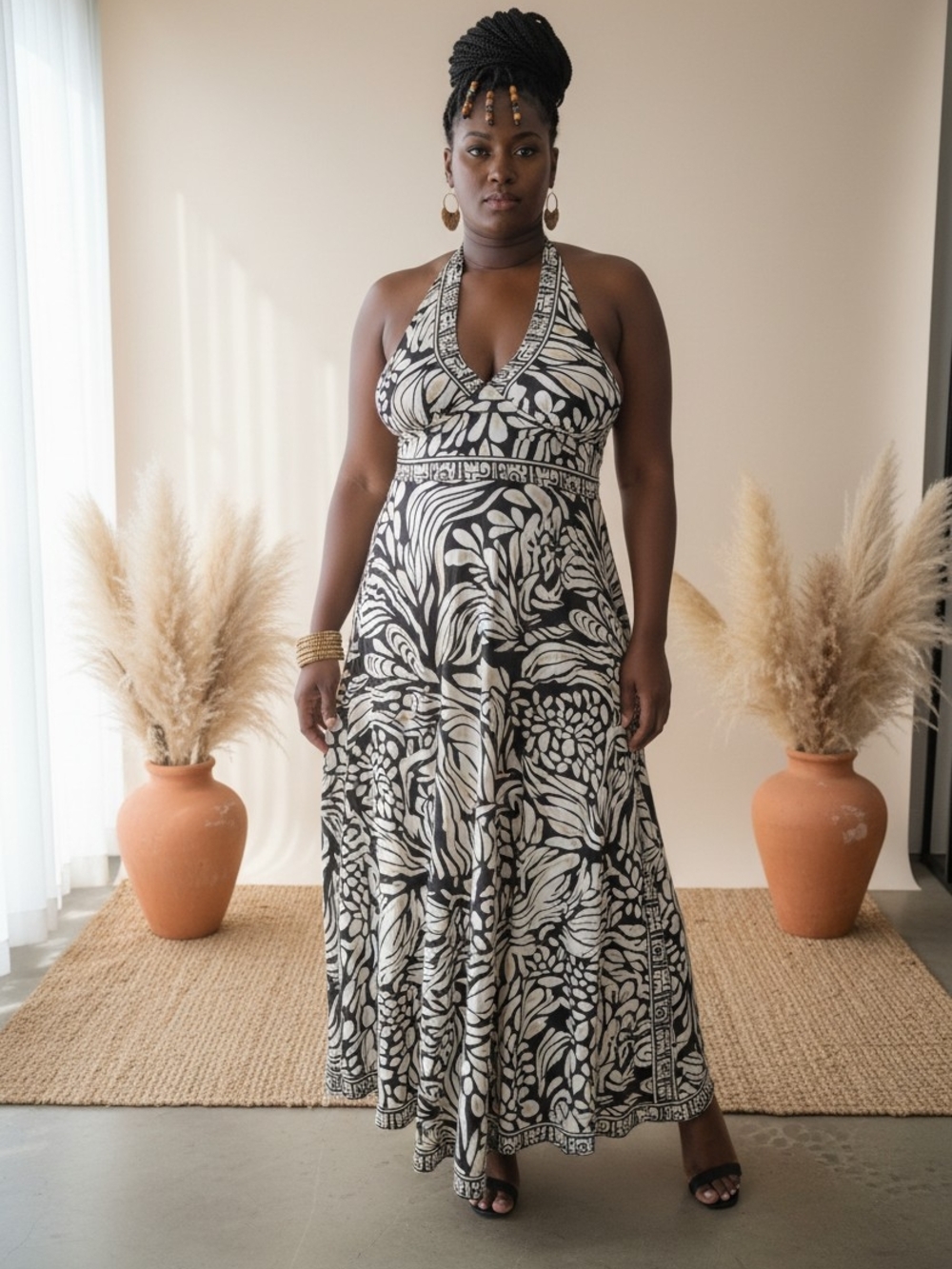 V-Neck Floral Halter Maxi Dress in Black & Cream